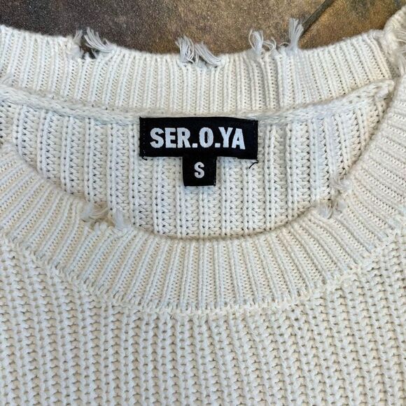 Ser.O.Ya Cream Devin Oversized Distressed Sweater Front Pocket Small - Picture 10 of 12